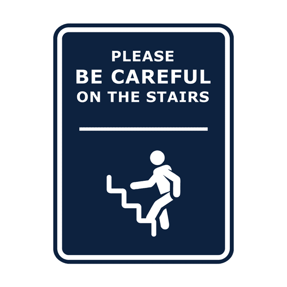 Signs ByLITA Portrait Round Please Be Careful On The Stairs ABS Plastic | Laser Engraved | Easy Installation | Elegant Design Sign (Navy Blue / White) - Large