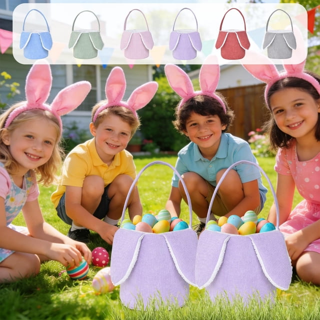 Cesta de Pascua con orejas de conejo - Caja de terremoto de pana para búsquedas de huevos y decoración navideña - 9x9 pulgadas - Rojo, morado, gris, verde, rosa, azul