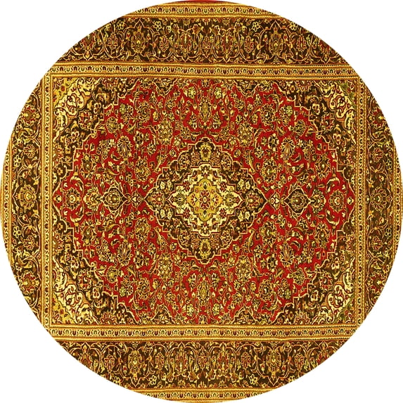 Ahgly Company Machine Washable Indoor Round Medallion Yellow Traditional Area Rugs, 4' Round