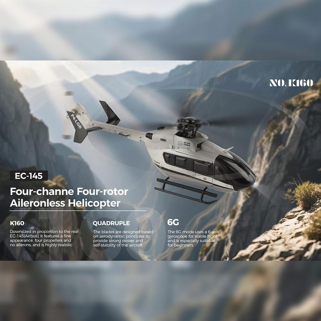 Bruce&Shark RC Helicopter WL K160, 6-Axis Gyro 1:32 Scale EC-145 160-Class 4CH 2.4GHz Flybarless Aircraft with Altitude Hold & One-Key Take Off/Landing & Adjustable Throttle – RTF