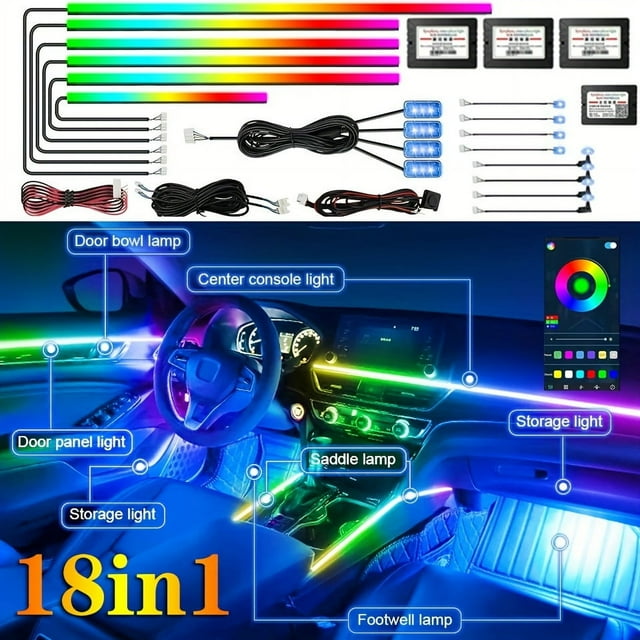 MesaSe Interior Car LED Strip Lights With Wireless APP And Remote Control RGB 5 In 1 Ambient Lighting Kits With 236 Inches Fiber Optic 16 Million Colors Car Neon Lights Sync To Music