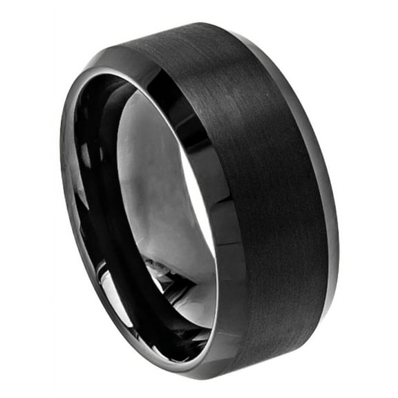 10mm Tungsten Carbide Black Enamel Beveled edge Brushed Center High Wedding Band Ring For Men Or Ladies