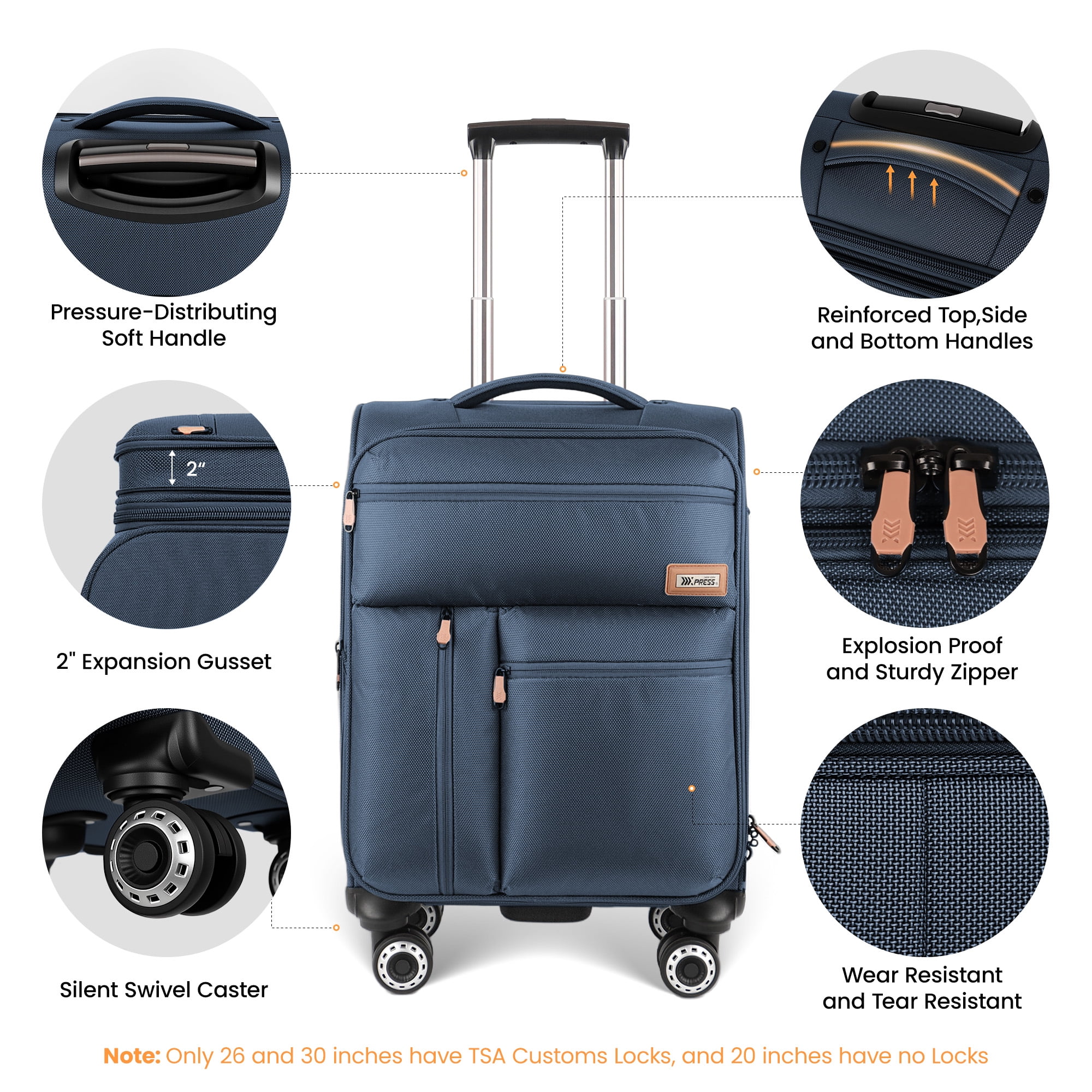 New York Xpress 20" Softside Carry-On Luggage Lightweight Expandable Spinner Suitcase,Navy - XJ1901