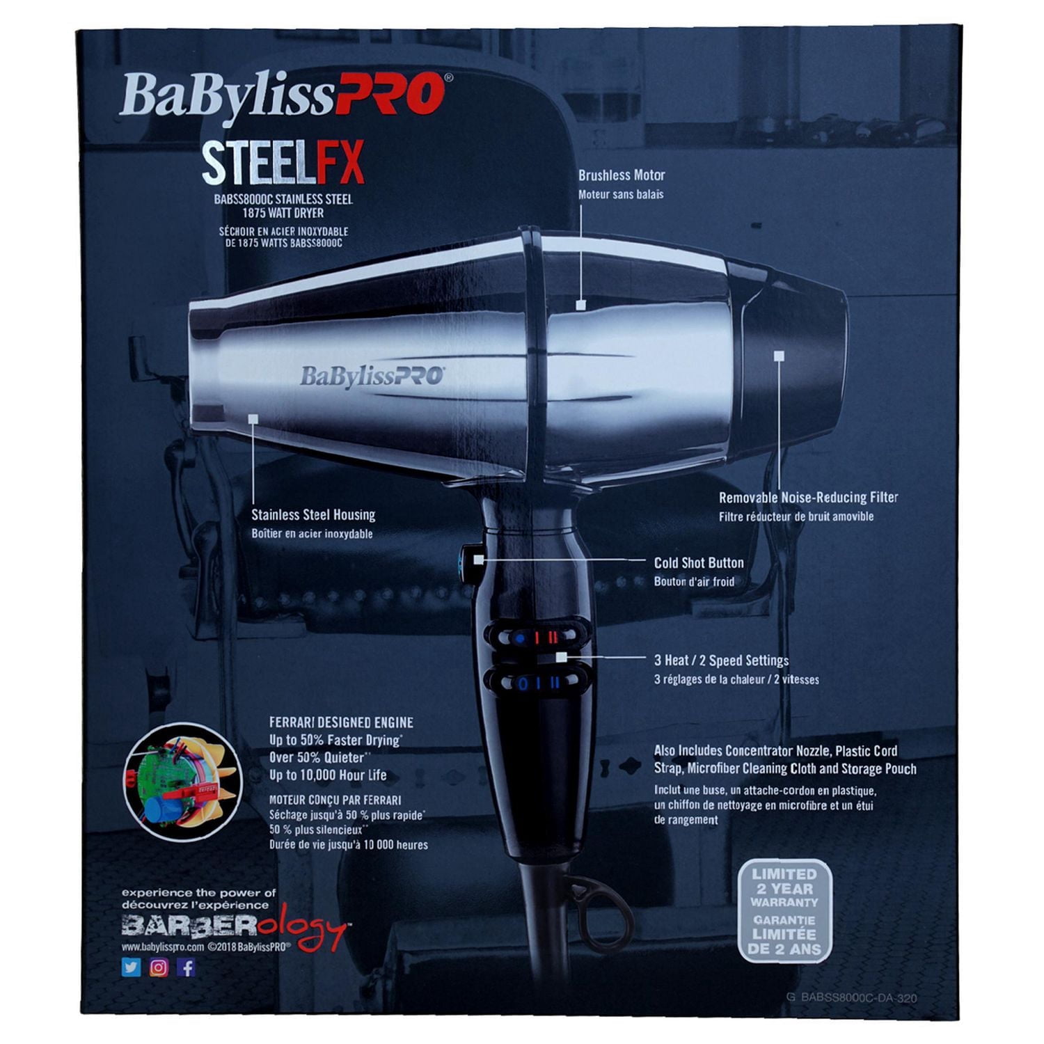 Séchoir à cheveux BaByliss Pro STEELFX en acier inoxydable