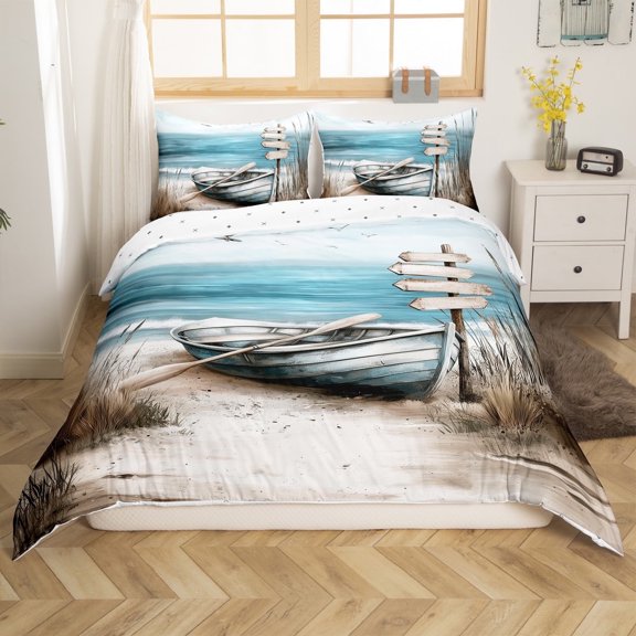 Erosebridal Sea Boat Comforter Cover Twin,Marine Beach Bedding Twin Size,Ocean Theme Decoration,Reversible,2-Piece(No Comforter)