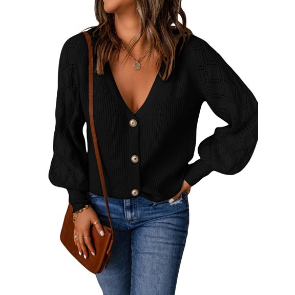 Women's Long Sleeve V Neck Open Front Cardigan Button Down Soft Ribbed Knitted Cardigan Sweater
