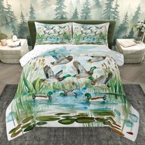 Homewish Rustic Mallard Duck Bedding Comforter Set,Country Plant River Twin Comforter Sets,Green White Brown Bedding Set For Girls Boys,Breathable Home Decor Reversible,2 Pieces
