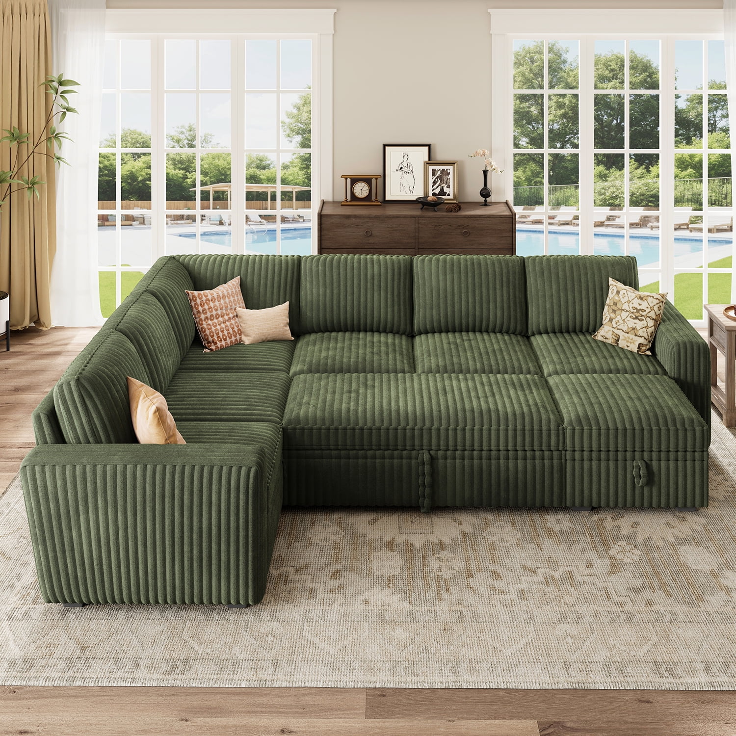 Marrber 106" U-Shaped Sectional Sleeper Sofa, 7-Seater Modular with Pull-Out Bed & Hidden Storage, Pet-Friendly Corduroy Fabric, Green