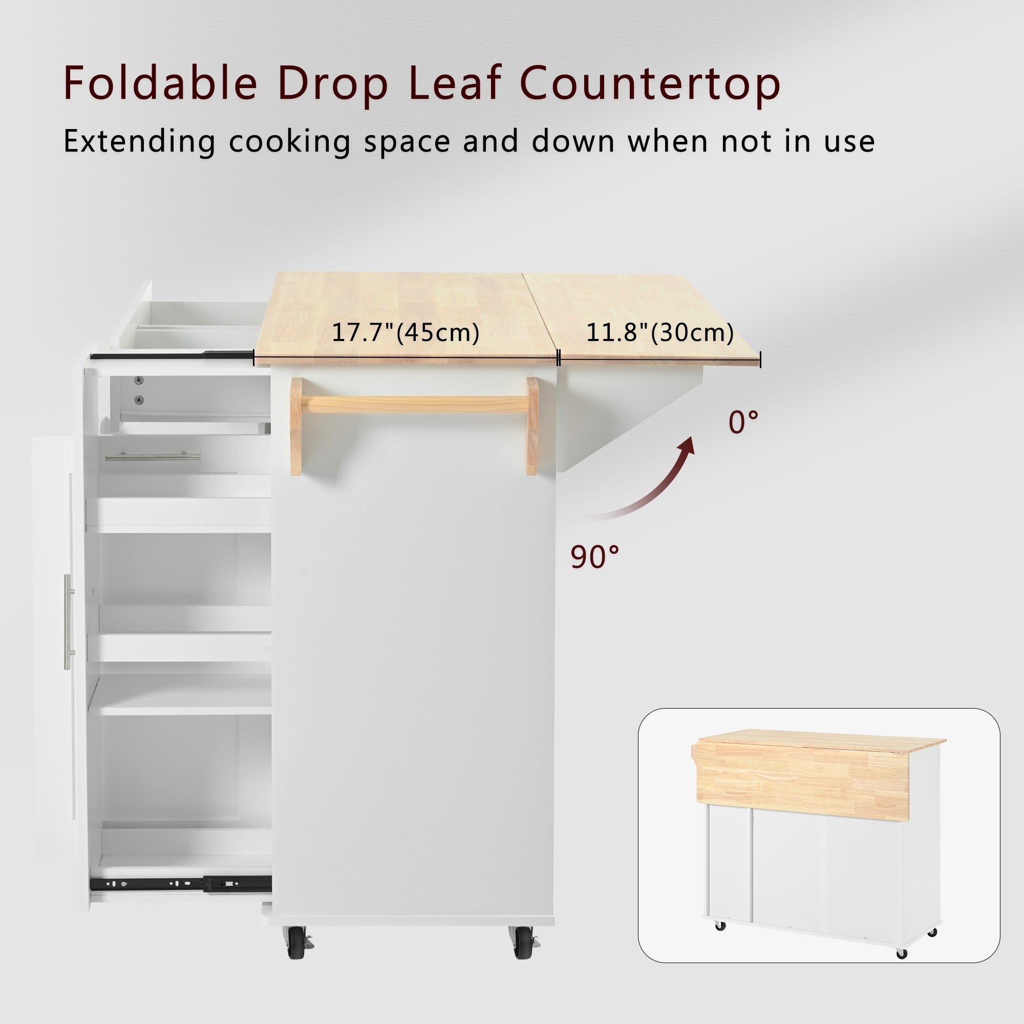 DEALTOPS 46" Kitchen Island with Drop Leaf, Kitchen Storage Cart with 3 Tier Pull Out Cabinet Organizer, Internal Storage Rack, Rolling Kitchen Cart on Wheels with Towel Rack for Kitchen-White