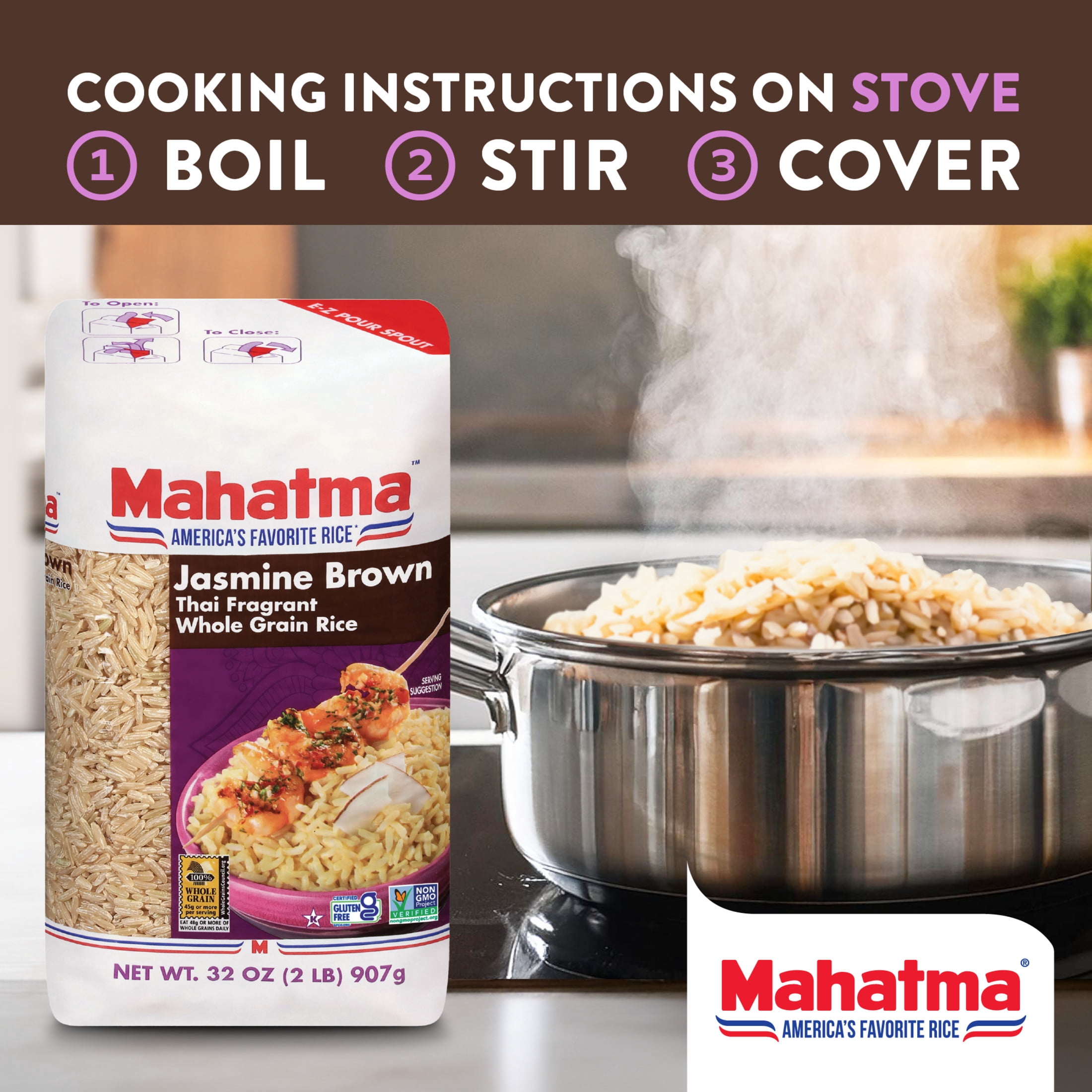 Mahatma Jasmine Brown Rice, Thai Fragrant Whole Grain Rice, 2 lb Bag
