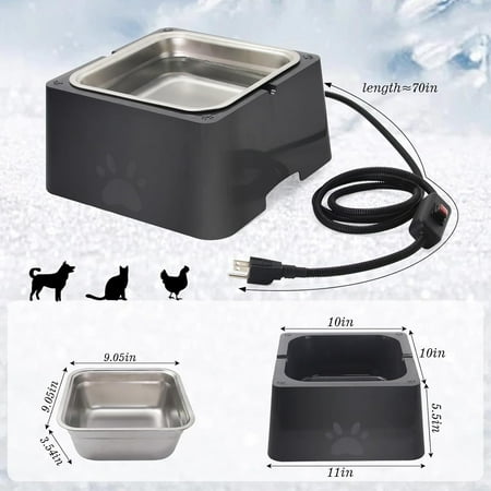 Large Heated Dog Bowl for Outdoor,Winter Waterer Bowl Removable Stainless Automatic Dog Water Bowl,1 Gallon Large Capacity Outside Animal Heated Waterer Bowl for Dog, Rabbit,Chicken,Duck (Black)