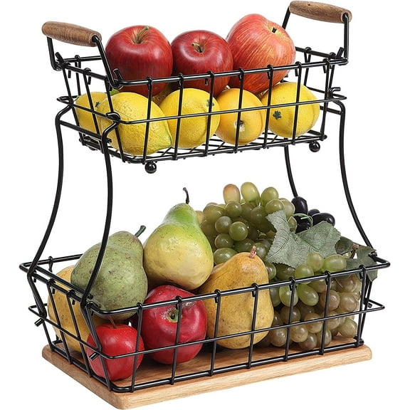 SunnyPoint 2-Tier Rectangle Countertop Fruit Basket (Black, Metal Wood Base)