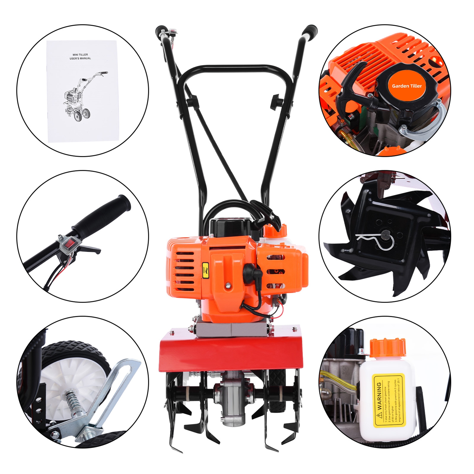 WETS 52cc 2-Cycle Garden Tiller, Mini Cultivator Gas Powered with 7.9" Tilling Width, Gas Rototiller Tool for Lawn, Garden and Field Soil Cultivation