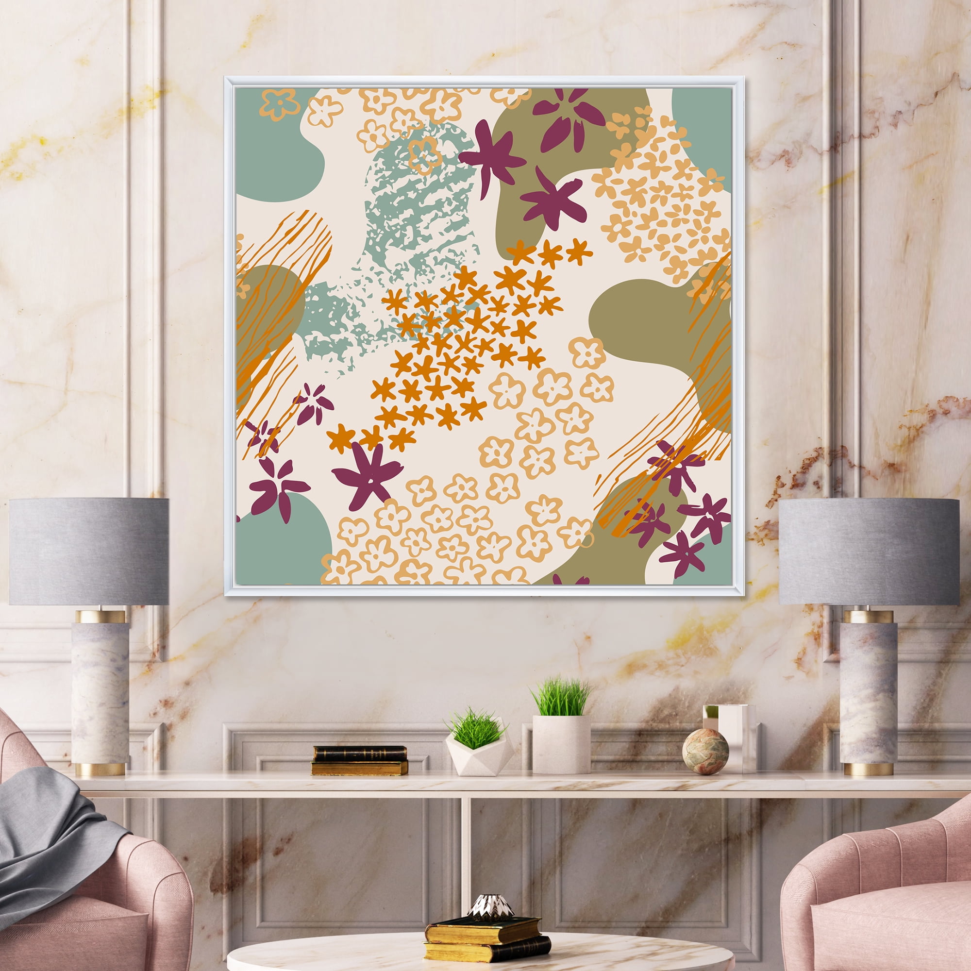 Designart 'Fluid Shapes and Flowers Silhouettes' Modern Framed Canvas Wall Art Print