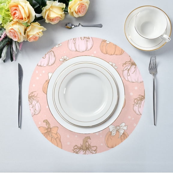 15.4" Round Placemat Set of 1 Polyester Fabric Place Mats Non-Slip Dining Kitchen Table Mats for Kitchen Party Decor Pumpkins Adorned in Bows