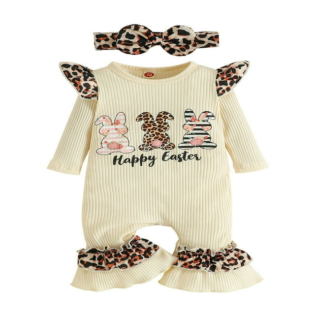 OUSITAID Infant Baby Girl Easter Clothes My 1st Easter Long Sleeves Ruffle Neck Ruffle Romper Bow Headband
