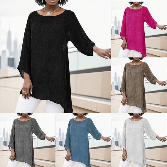 QHWAUAKFBN T Shirts For Women Loose Fit Plus Size Long Sleeve Irregular Hem Baggy Blouse Shirt Summer Tunic Tshirts Top