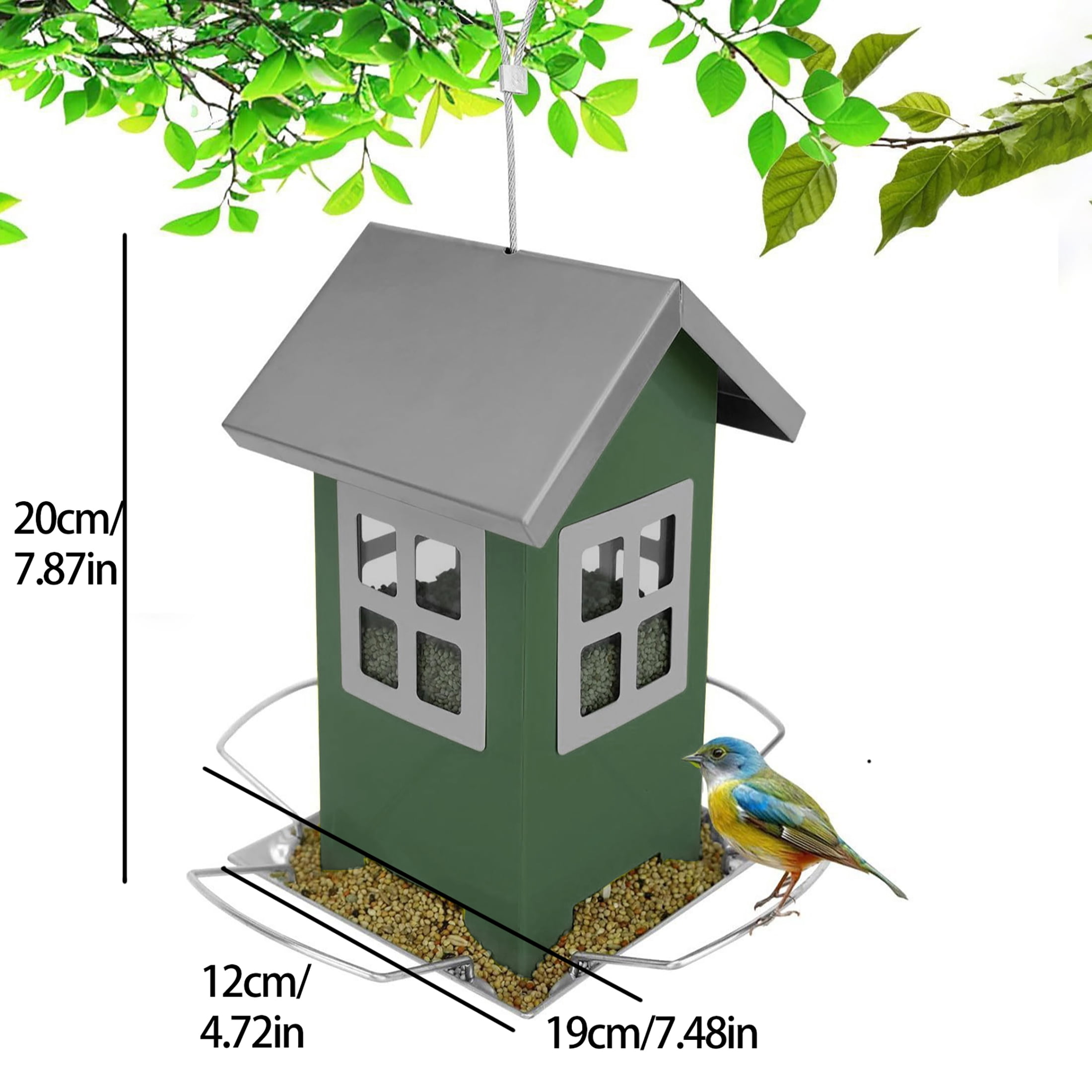 Pettrek Rover Hanging Bird Feeder for Outdoor with Removable Roof, Stainless Steel, Green