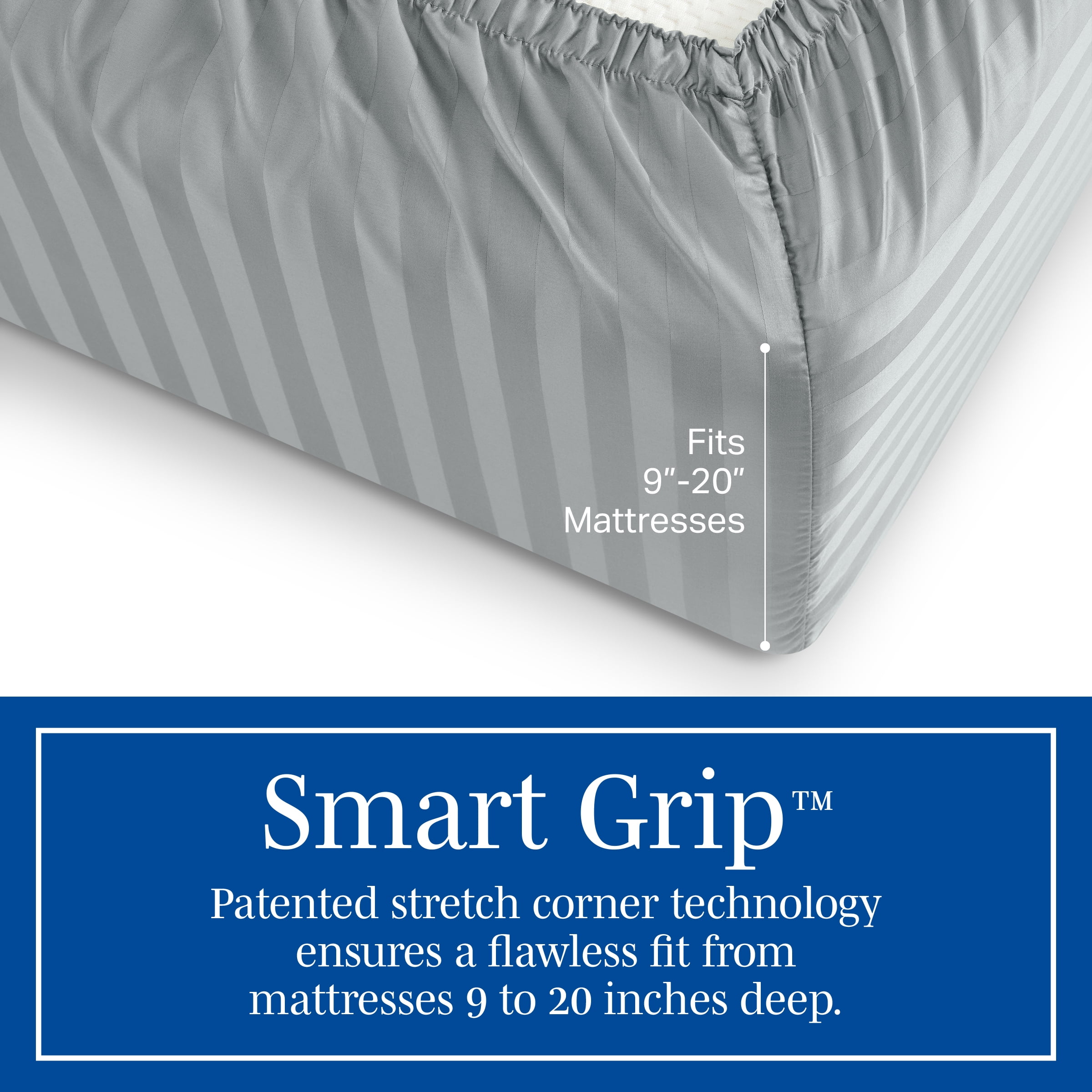 Wamsutta 1846 4-Piece 650 Thread Count Gray Flannel Stripe Egyptian Giza Cotton Sateen Bed Sheets, King-Deep Pocket