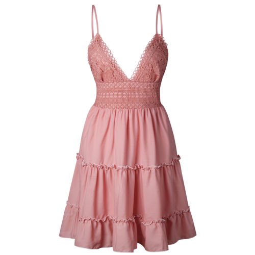 Women Dress Solid Color Sling Deep V-Neck Back Tie Loose Hollow Back Dress