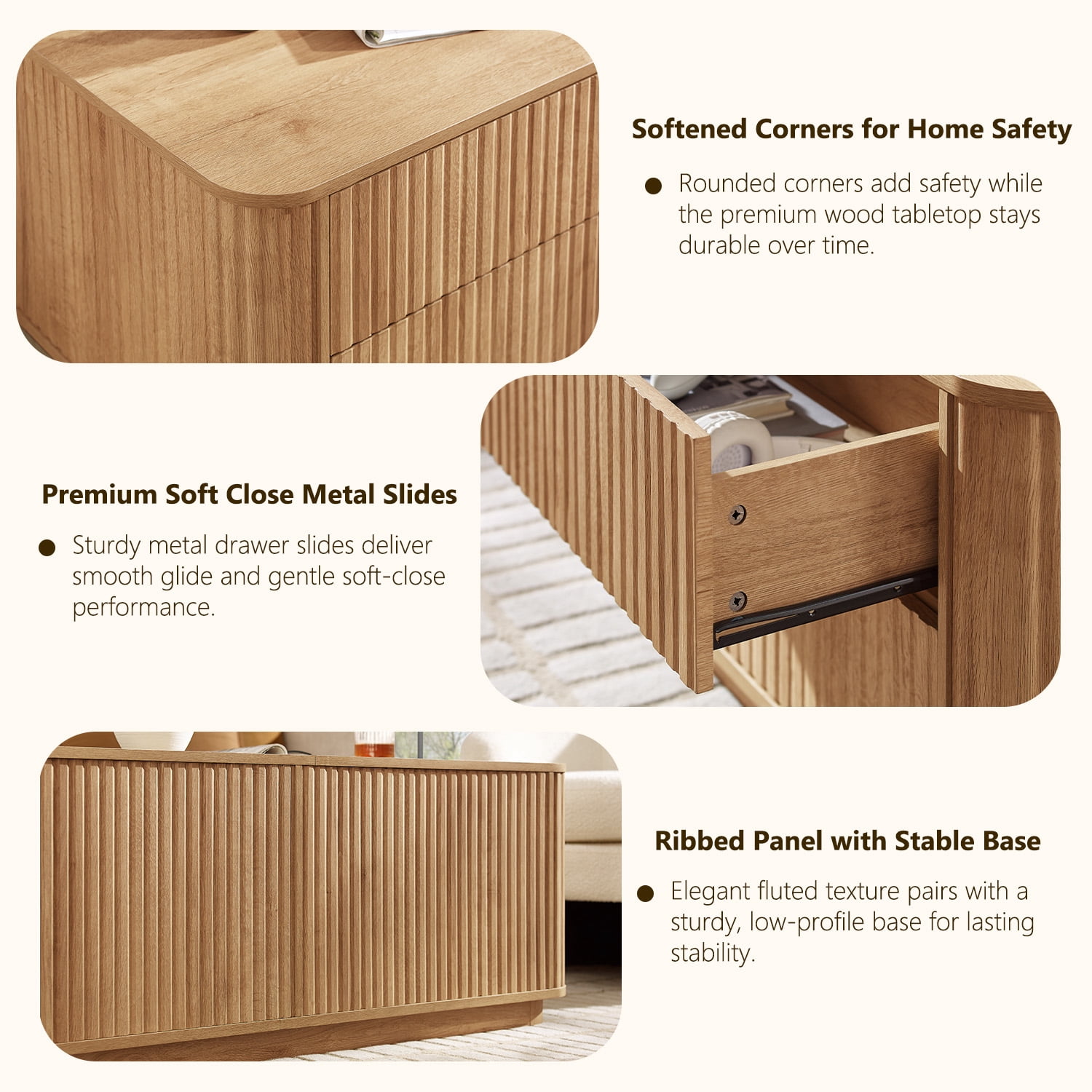IFMUST 51" Modern Fluted Coffee Table with 4 Hidden Drawers, Curved Edges, for Living Room