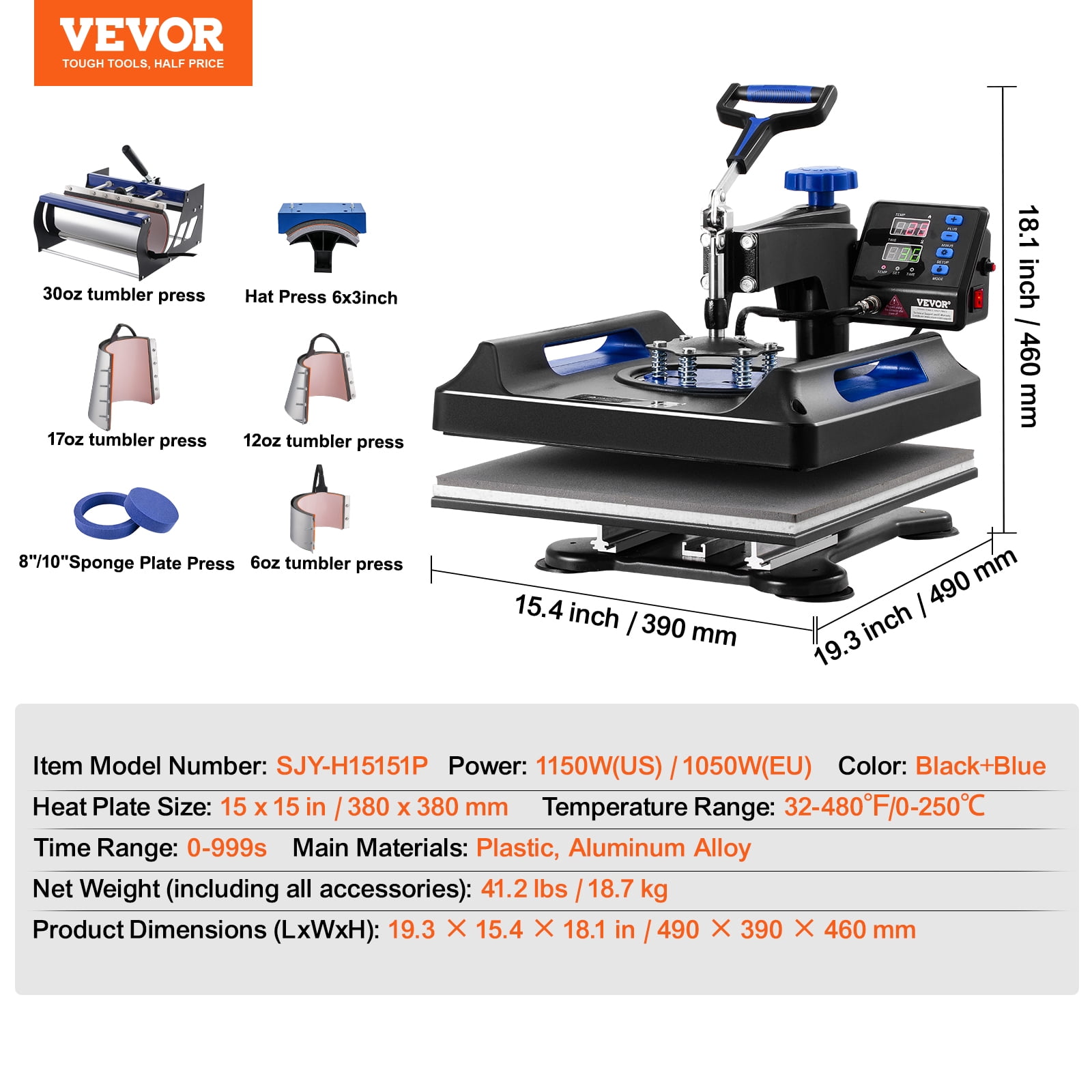 VEVOR Heat Press Machine, 15 x 15 inch, 8 in 1 Heat Transfer Machine with 30 oz Tumbler Press, 360° Swing Away Digital T-Shirt Pressing, Teflon Coating, for T-Shirts/Mugs/Hats/Plates, Black+Blue