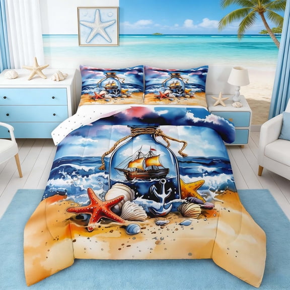 Manfei Watercolor Ship in a Bottle Full Size Comforter Sets for Kids Boys and Girls, Beach Starfish Seashell Bedding Sets, Reversible 3 Pieces, 1 Comforter and 2 Pillowcases