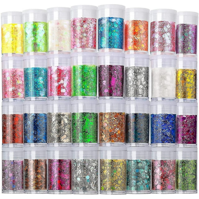 brillo grueso holográfico, juego de 32, brillo artesanal para manualidades de resina, brillo cosmético para uñas, cuerpo, cara, ojos, escamas de lentejuelas con brillo de resina ep. Vista frontal de 32 frascos transparentes con tapas blancas que muestran purpurinas holográficas gruesas y extrafinas en tonos amarillo, verde, rosa, azul, naranja, morado y plateado; mezcla visible de escamas y microbrillo; cada frasco aprox. 4–5 g, indicado para uñas, maquillaje, arte en resina y manualidades creativas. SKU sku11-270130, marca Yongsheng.