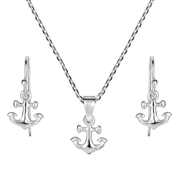 Mini Nautical Anchor Sterling Silver Necklace Earrings Jewelry Set