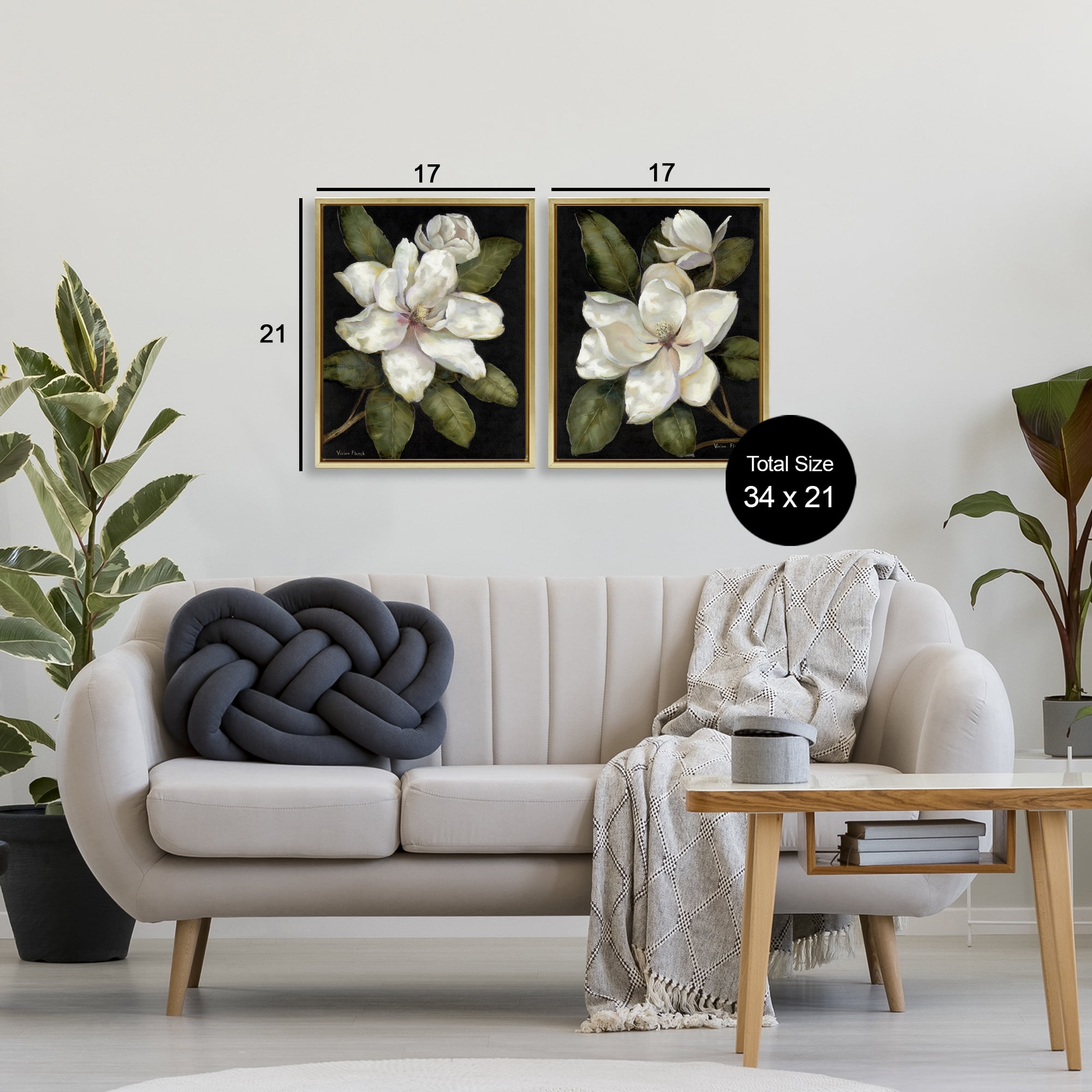 Stupell Industries Magnolia Buds & Blooms 2 Piece Gold Framed Floater Canvas Set, design by Nan