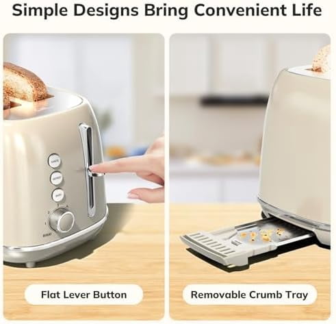 2 Slice Stainless Steel Toaster Retro with 6 Bread Shade Settings, Bagel, Cancel, Defrost Function, 2 Slice Toaster with Extra Wide Slot, Removable Crumb Tray, Tauge