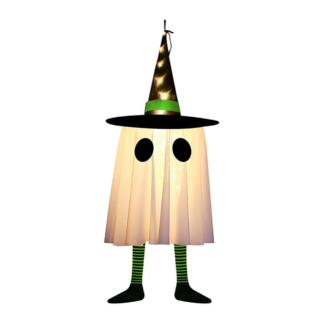 HWRETIE Sombrero de bruja de Halloween y cadena de luces fantasma,decoración colgante de interior espeluznante con LED brillantes,sombrero de mago y dúo fantasma para ambiente de casa embrujada