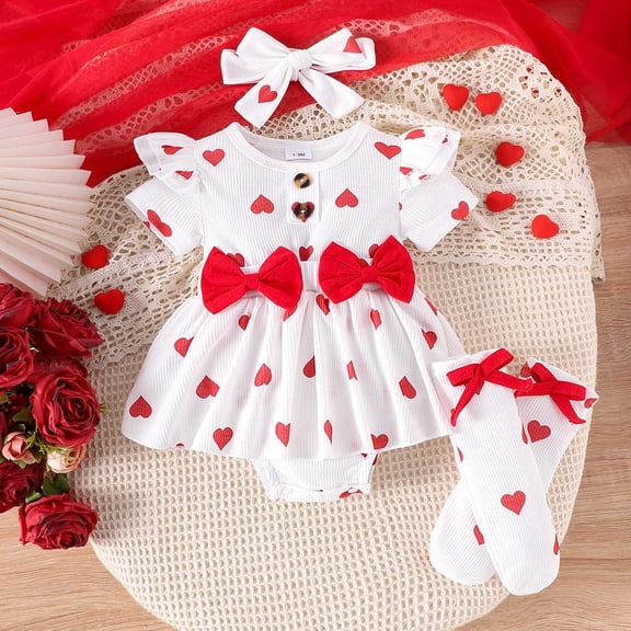 MEZZALL Jumpsuit Valentine's Day Baby Girl Onesie Heart Print Bow Trim Sleeve Bodysuit Headband And Socks Three Piece Toddler Photo Cozy O-Neck Spring Child One-Pieces