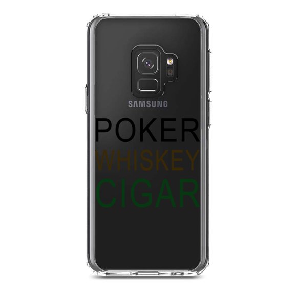 DistinctInk Clear Shockproof Hybrid Case for Samsung Galaxy S9 (5.8" Screen) - TPU Bumper Acrylic Back Tempered Glass Screen Protector - Poker Whiskey Cigar