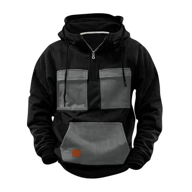pstuiky Camisas para hombre de manga larga, Sudadera con capucha y cremallera para hombre, estilo patchwork, para entrenamiento, deportes al aire libre, con múltiples bolsillos, chaquetas de invierno