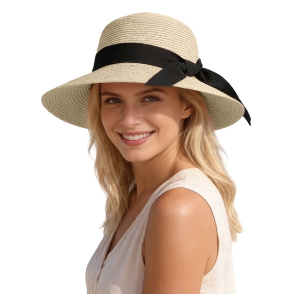 Gtoiithly Stylish Summer Hat Foldable Brim Sun Hat for Women, Wide Brim Straw Beach Hat, Packable Casual Outdoor Bucket Hat for Travel Beige