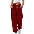 thumbnail image 2 of SYMOID Womens Wine 100% Polyester Loose Fit Pants with Elastic Waist Drawstring, Side Pockets & Cuffed Ankles - - Casual Lounge Gym Streetwear,Size S, 2 of 5