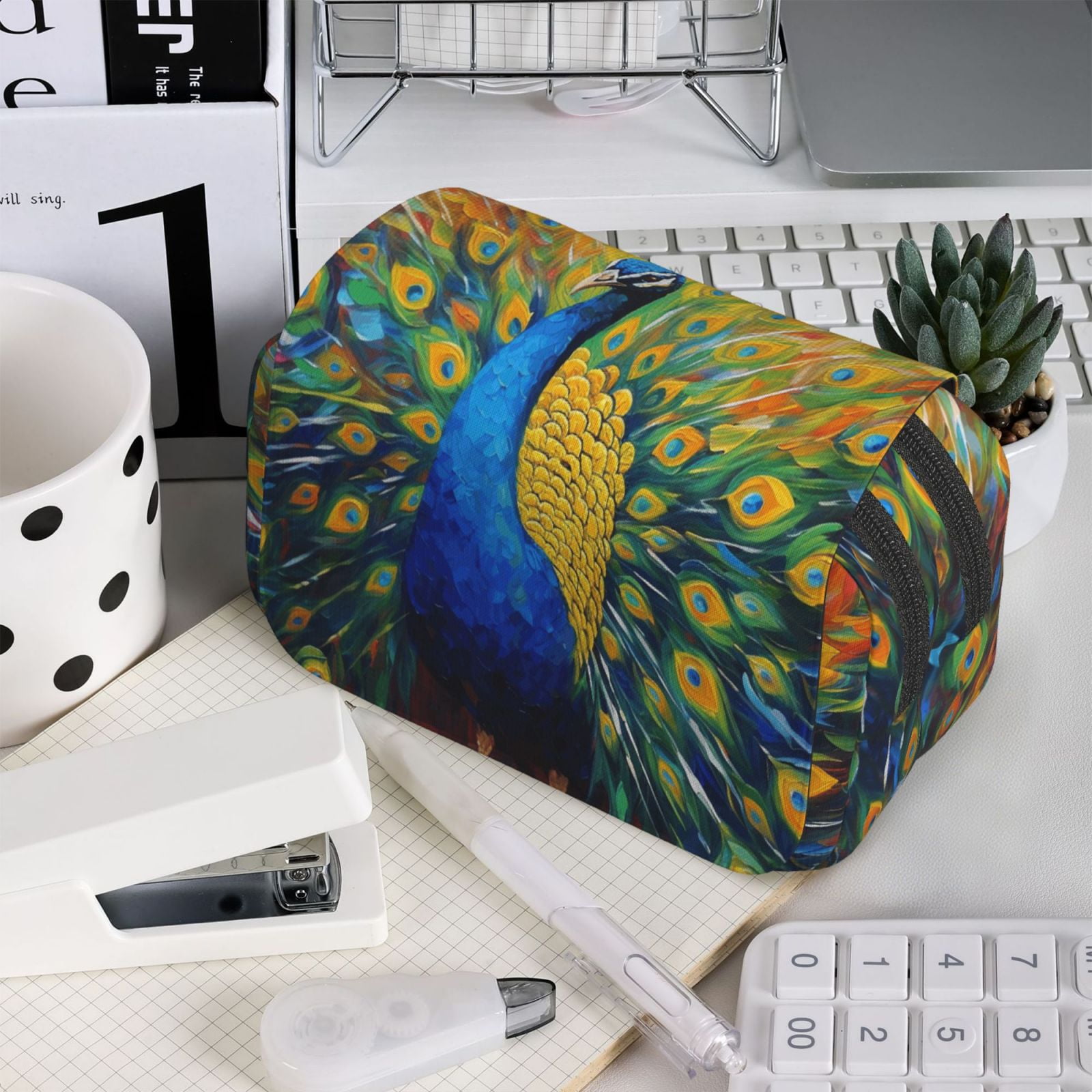 Rateoe Peacocks Pattern Double Clamshell Pen Case, Storage Organizer with Two Zipper Compartments– Holds Up to 50 Pencils & Pens