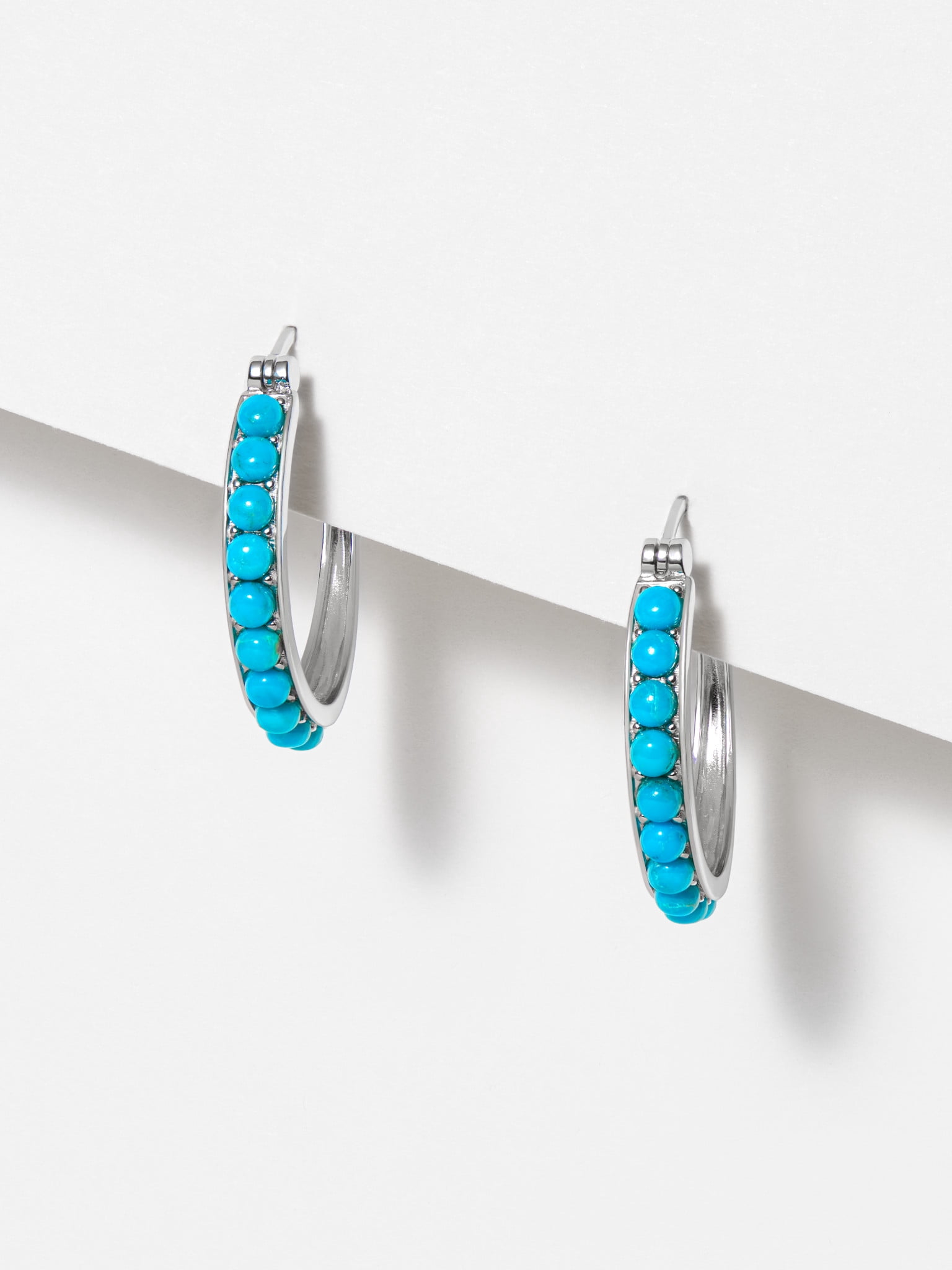Forever Facets Women's Platinum over Sterling Silver Turquoise 3x2mm Hoop Earrings