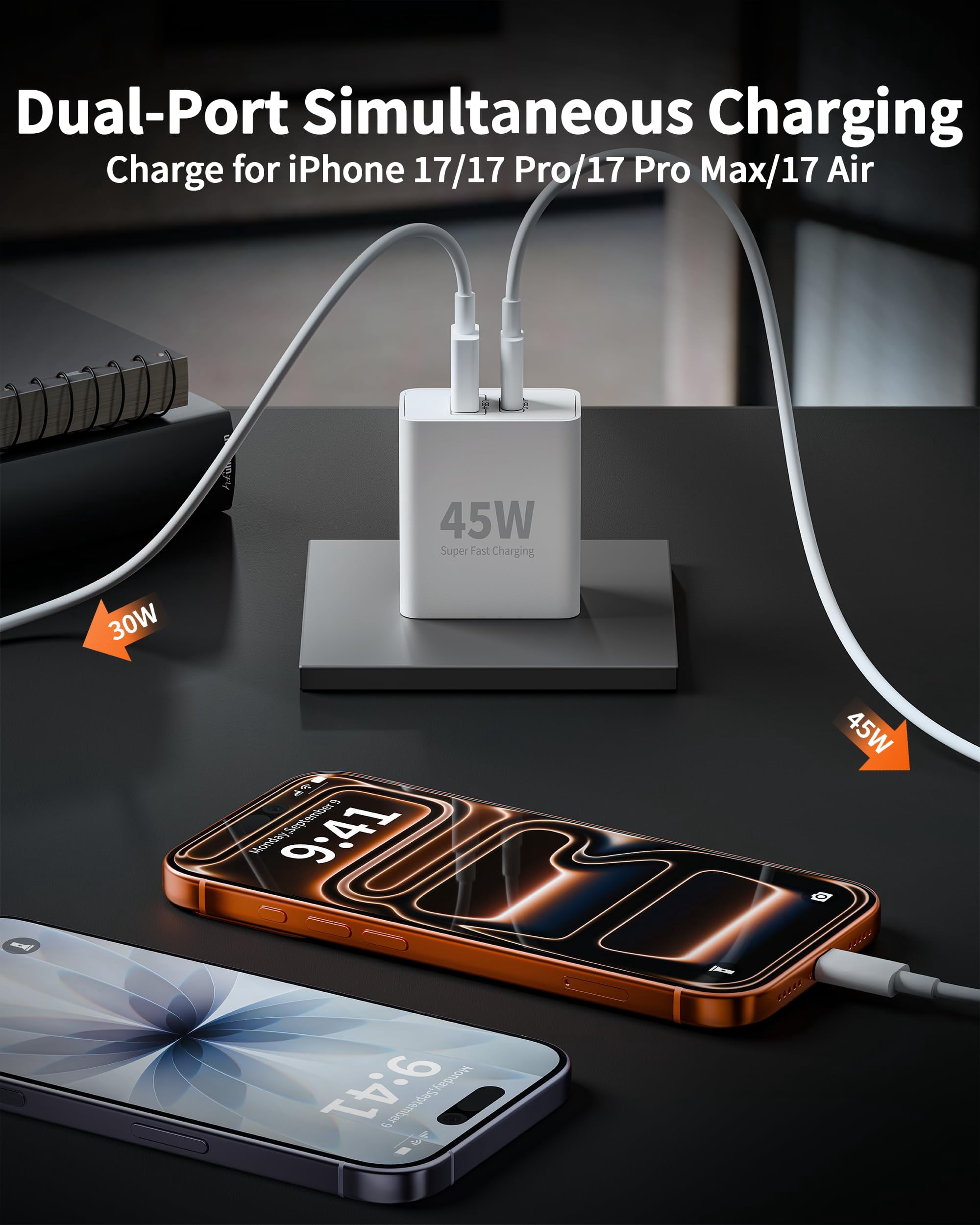 LujingZ 2 - Pack 45W Dual Port USB C Fast Wall Charger with 6FT Type C Cable, Fast Charging, Compatible with iPhone 17/17e/17 Pro Max/Air/16/16 Pro Max/15/15 Plus, iPad