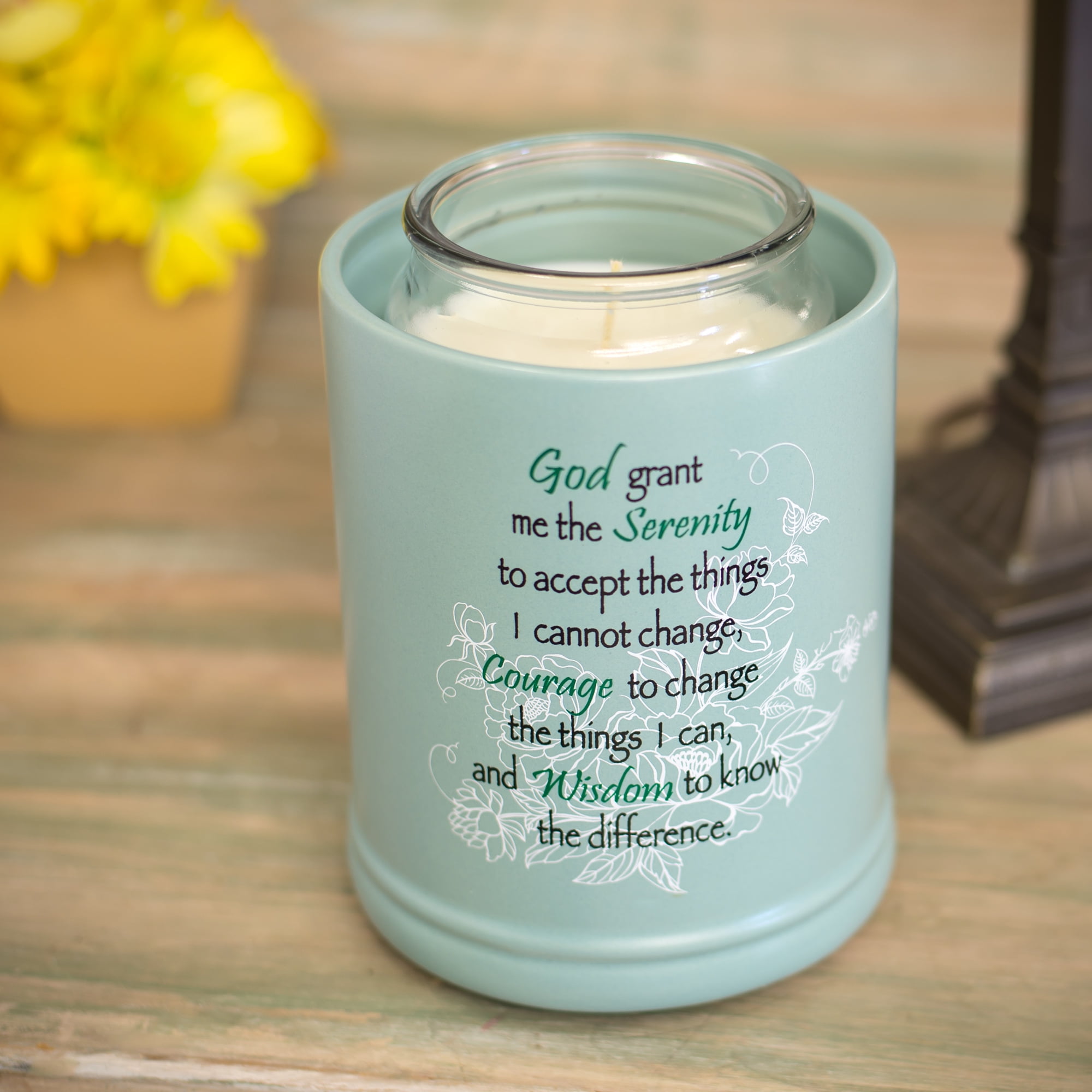 Serenity Prayer Teal White Floral Design Stoneware Electric Large Jar