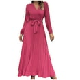 thumbnail image 2 of Elvqul Womens Winter Dresses A Line Solid Color Dress Pleated Hot Pink Belted V Neck Long Sleeve Party Maxi Dress for Ladies Slim, 2 of 9