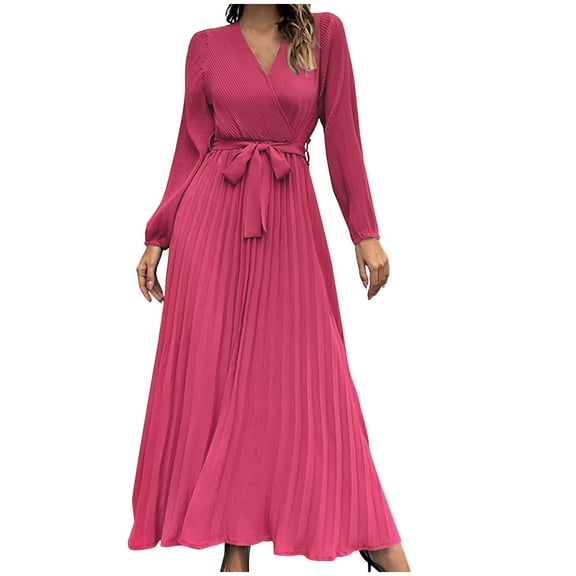 AKAFMK Dresses for Women 2024 Casual Slim Pleated Belted Long-Sleeve V-Neck A-Line Solid Color Dress Party Maxi Dresses Hot Pink