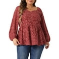 thumbnail image 1 of Blusas de talla grande para mujeres GRACE & GRANDEUR, blusa de peplum impresa con cuello corazón y mangas largas, 4X burdeos, 1 of 1
