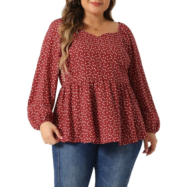 GRACE & GRANDEUR Tops de Talla Grande para Mujeres, Top Blusa Peplum Impresa de Manga Larga con Escote Corazón 2X Burdeos