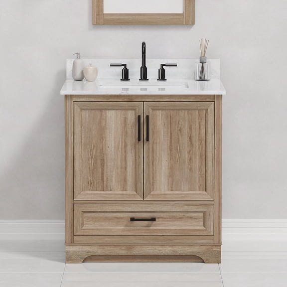 Retford 30" Single Bathroom Vanity, 31" W x 22" D x 34.5" H, Carrara White Engineered Marble Top with Sink & Backsplash, Light Wood, MDF, Pre-Assembled, Soft-Closing Drawer and Doors.