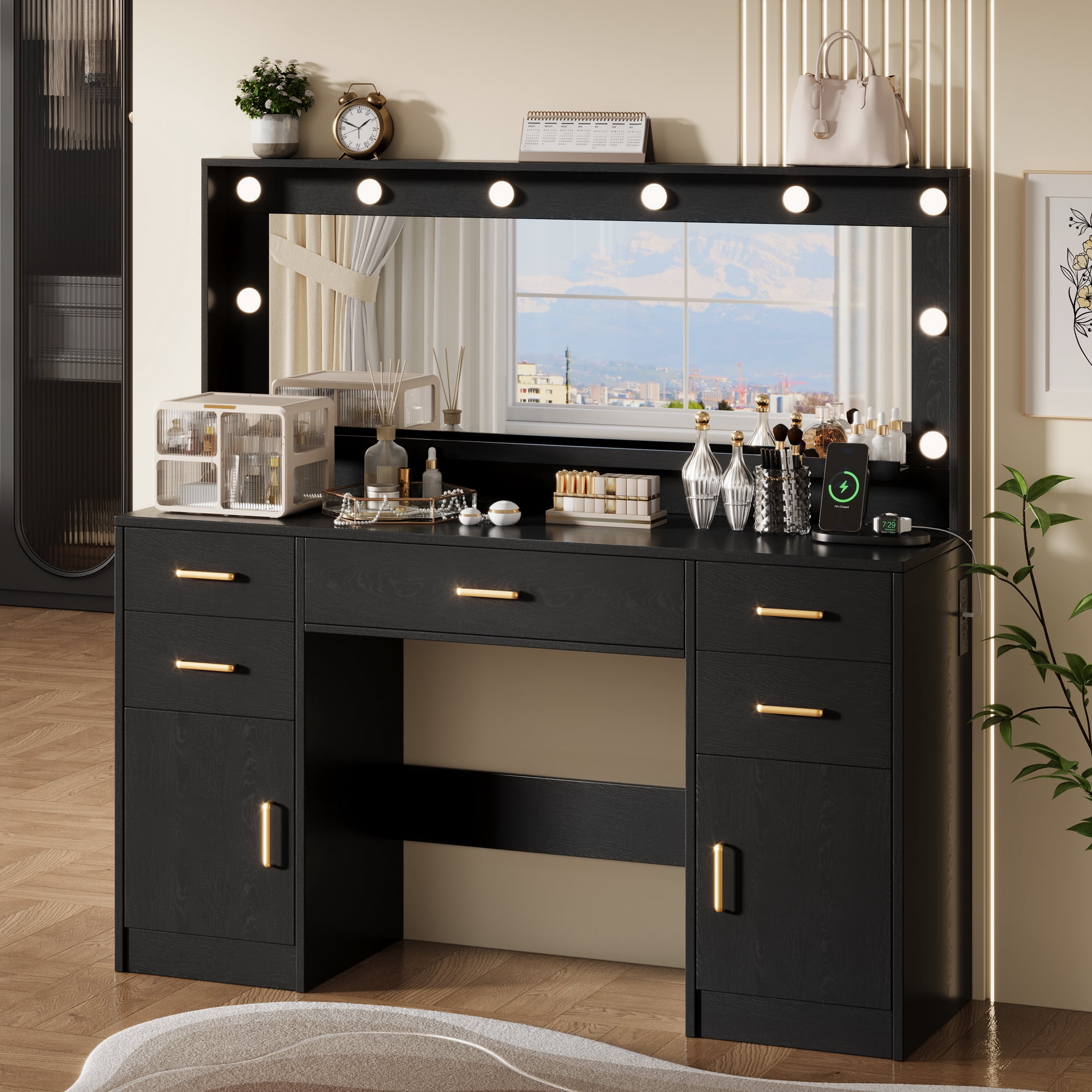 UGTOO 44.8" Black LED Vanity Desk with Hollywood Lights & Charging Station, Modern Makeup Table with 5 Drawers, 2 Cabinets & 3 Lighting Modes, Large Dressing Table for Women