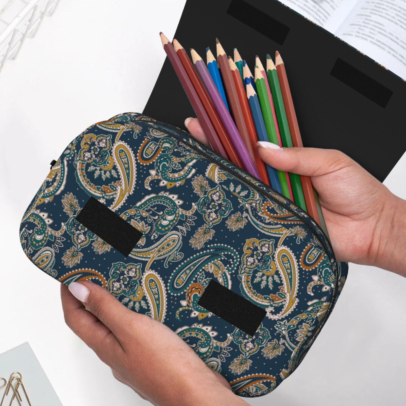 Rateoe Indian Paisley 2 Pattern Double Clamshell Pen Case, Storage Organizer with Two Zipper Compartments– Holds Up to 50 Pencils & Pens