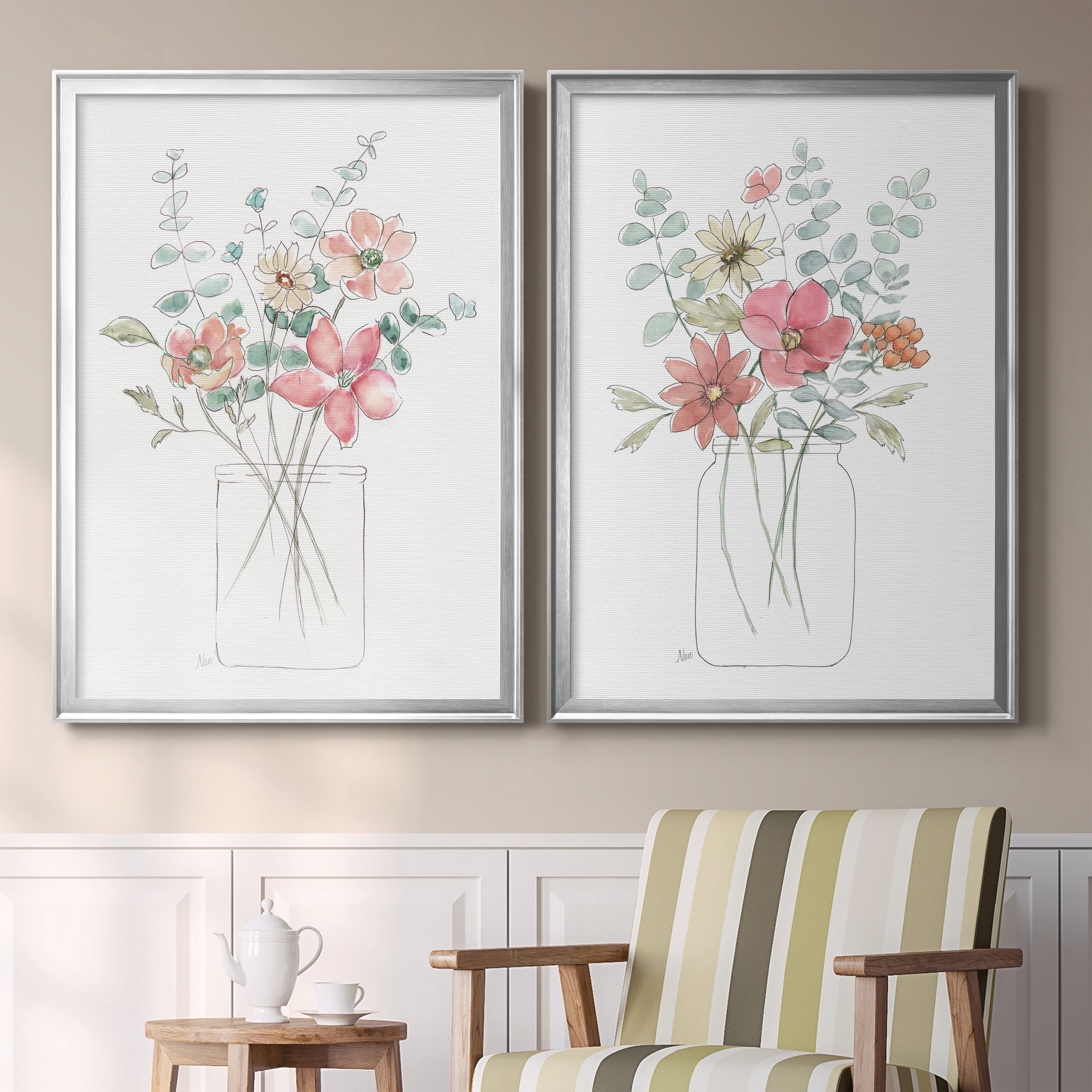 2 Piece Set Whimsical Wildflowers I Premium Framed Canvas - Ready to Hang - 26.5 x 36.5 Each - Silver Frame