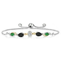 Gem Stone King 925 Silver and 10K Yellow Gold Lab Grown Diamond, Black Onyx and Green Nano Emerald Bracelet for Women | 1.60 Cttw | Gemstone April Birthstone | Oval 6X4MM | Fully Adjustable 9 inch